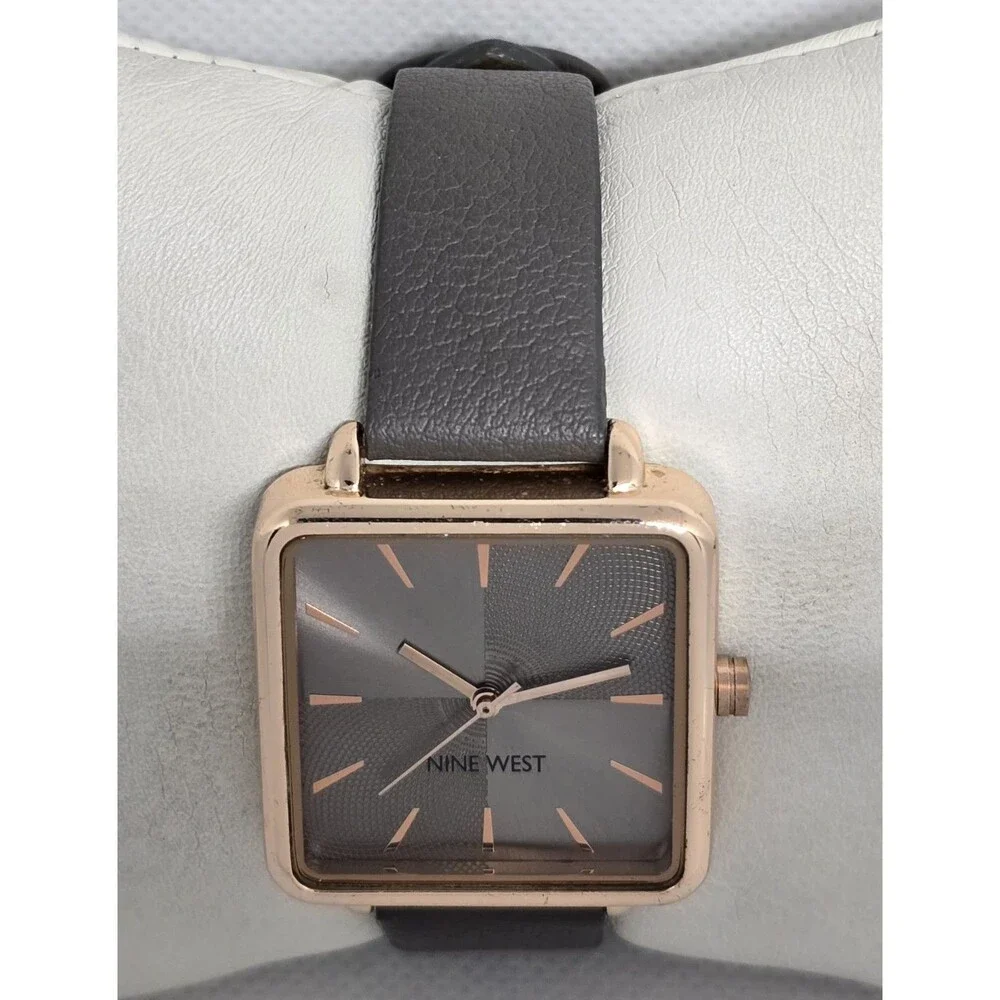 Women's Nine West Casual Square Rose Gold Tone Case Gray Leather Strap Watch 13 - Picture 4 of 9